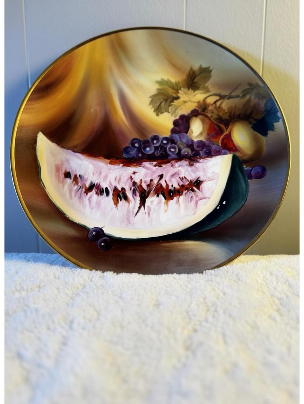 Antique Hand-Painted Nippon Porcelain Charger Plate with Watermelon and Grapes,